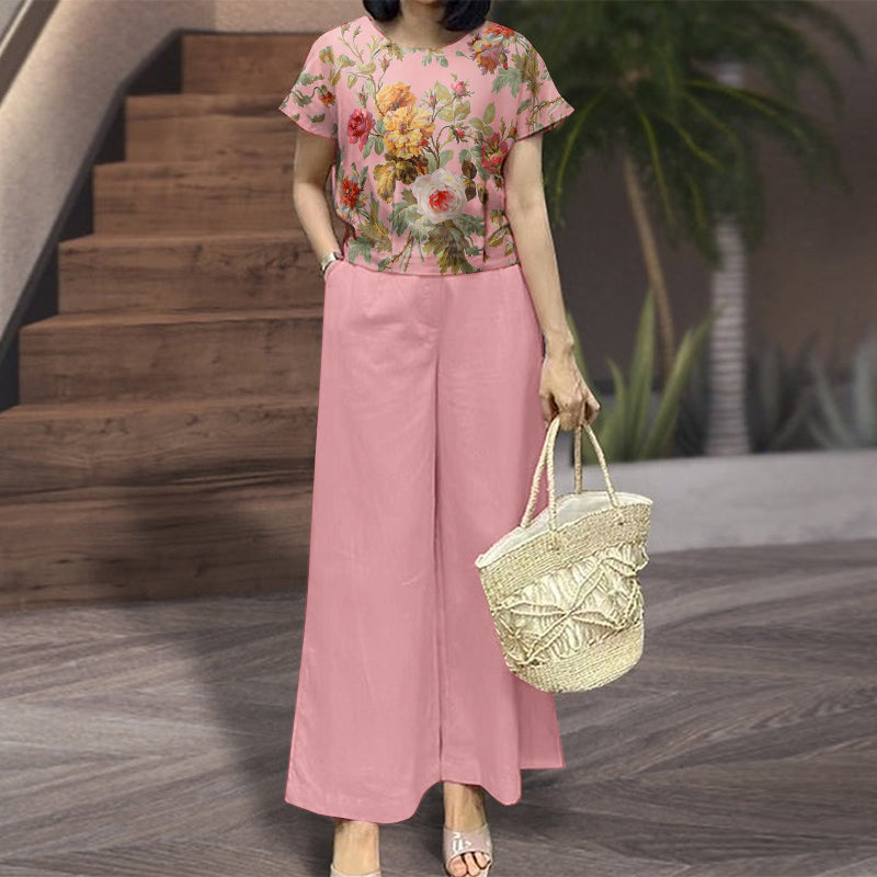 LinkMejor Women's 2pcs Suits Floral Short Sleeve O-Neck Top Elastic Waist Wide Leg Trousers Vintage Sets