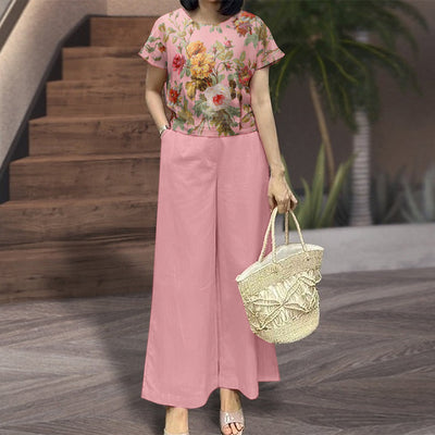 LinkMejor Women's 2pcs Suits Floral Short Sleeve O-Neck Top Elastic Waist Wide Leg Trousers Vintage Sets