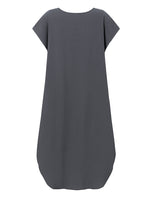 LinkMejor Plus Size Women Mid Long Dress Solid Pocket Short Sleeve Round Neck Cotton Casual Beach Midi Dress