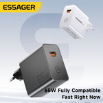 [GaN Tech] ESSAGER ES-CD65 65W 2-Port USB PD Charger USB-A+USB-C PD3.0 QC2.0/3.0/4.0 AFC PPS SCP FCP Fast Charging Wall Charger Adapter EU Plug for iPhone 17 17Pro 16 Pro Max 15 14 for Xiaomi 17pro for HUAWEI for OPPO
