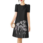 LinkMejor Womens Elegant Floral Embroidery Satin Dress Party Puff Sleeve Ruffles Knee Length Dresses