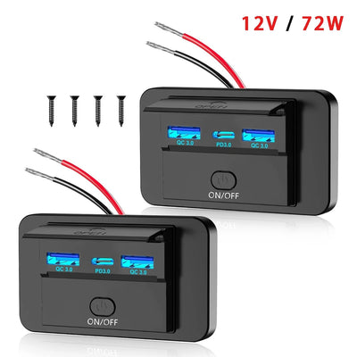 3 Port Car Charger Socket Multiple Device Charging 12V RV USB Outlet 72W Dual USB C 36W and Dual QC 3.0 18W Port for Car Bus RV Truck