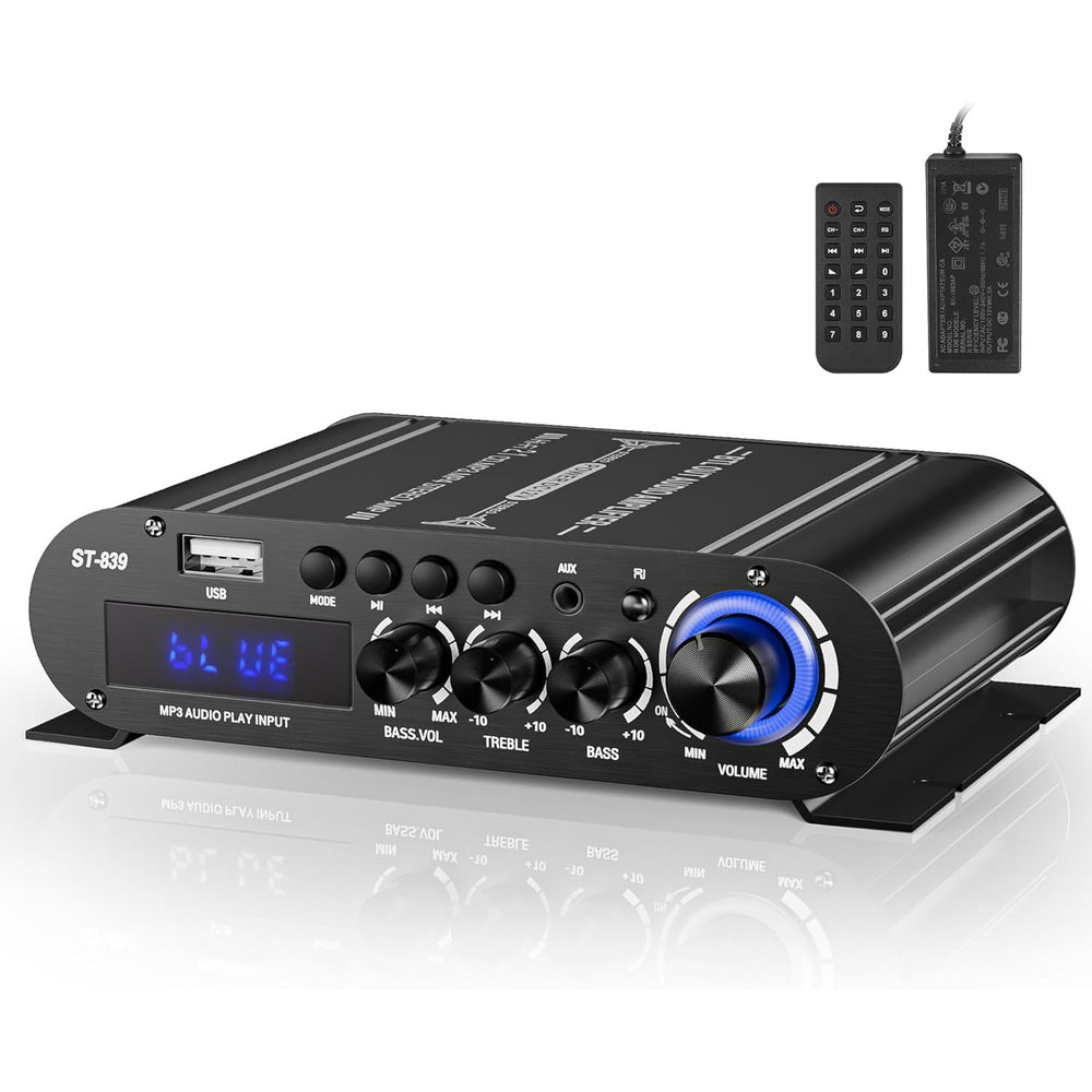 ST-839 2.1CH Mini Bluetooth Stereo Amplifier RMS 25Wx2+40W Subwoofer Output USB/AUX/RCA Input Home Audio Receiver for Home Theater With DC12V Power Adapter