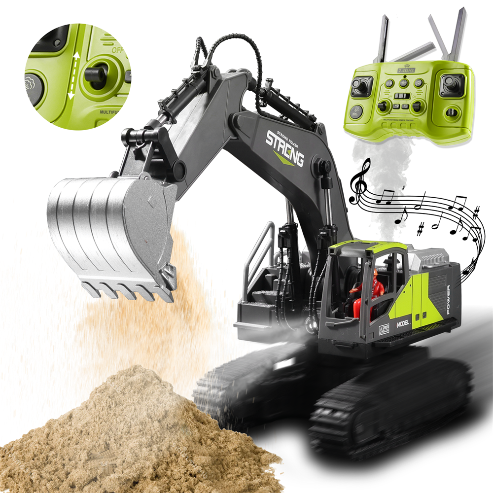 HJ Models 689-714A 1/16 2.4G 16CH RC Car Excavator Engineering Vehicles Alloy Bucket Digging 680° Rotation Spray LED Light Sound RTR Toys