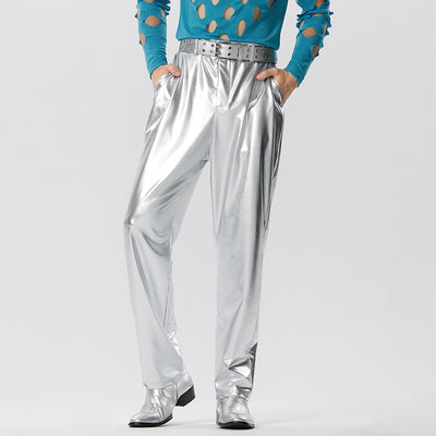 LinkMejor Men Shiny Pant with Pockets Party Nightclub Style Pantalons Men's Coated Shiny Elastic Trousers Fashion Personalized Male Long Pants S-5XL