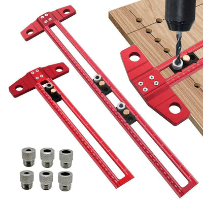 2 in 1 Woodworking Drilling Positioning Scribing Ruler Aluminum T Square Dowelling Jig Metric Inch Scale 6/8/10mm Sleeves TH-300mm TH-500mm
