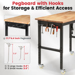 LinkMejor Adjustable Workbench 48-Inch Work Bench with Power Outlet Wheels and Pegboard 2000 lbs Load Heavy Duty Oak Wood Top Work Table for Garage Workshop Office and Home