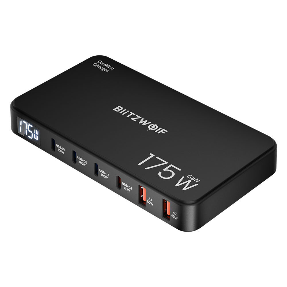[GaN Tech] LinkMejor® BW-S30 175W 6-Port USB PD Charger 4USB-C+2USB-A QC PD Digital Display Fast Charging Desktop Charging Station for iPhone 16 16 Pro 15 14 13 Pro Max for MacBook Pro for Airpods for Apple Watch