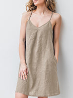 LinkMejor Solid Pocket Spaghetti Strap Backless Dress For Women