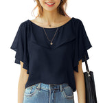 LinkMejor Women's Blouse Elegant Ruffle Sleeve Solid Crew Neck Plain Summer Shirt Pullover Top
