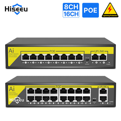 Hiseeu 48V 8/16CH POE Ports Switch Ethernet 10/100Mbps IEEE 802.3 af at for IP Camera CCTV Security Camera System/Wireless AP ft EU Plug