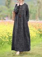 LinkMejor Women Floral Print O-Neck Long Sleeve Bohemian Holiday Maxi Dress With Pocket