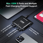 [GaN Tech] LinkMejor® BW-S32 130W 5 in 1 USB PD Digital Display Charger with Retractable Cable Fast Charging Desktop Charging Station for iPhone 17 16 16 Pro 15 14 13 Pro Max for MacBook Pro for Airpods for Apple Watch