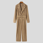 LinkMejor Men Jumpsuits Corduroy double-breasted Suit Collar Long-sleeved Casual One-piece Suit for Men with Side Pockets