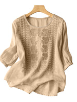 LinkMejor Women Daily Casual 3/4 Length Sleeve Blouses Solod Color Shirts