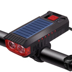 Solar Rechargeable Bike Headlight LED Super Brightness 4000mAh Battery Waterproof 4 Light Modes Warning Flashlight with 120dB Horn for Night Cycling