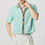 LinkMejor Mens Textured Patchwork Cropped Short Sleeve Shirt Comfortable Fashion Solid Printed Edge Lapel Top