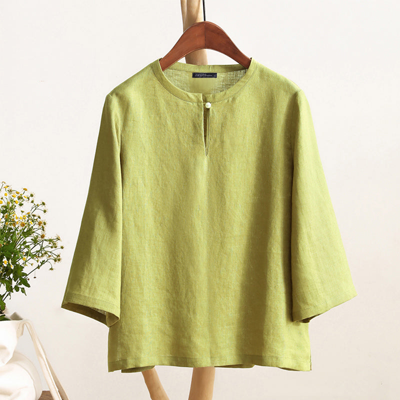 LinkMejor Women Button Summer O-Neck 3/4 Sleeve Solid Blouses Casual Cotton Linen Shirts for Women Loose Fit