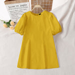 LinkMejor Womens Casual Round Neck Shirt Dress Puff Sleeve Short Dress A Line Solid Tunic Mini Dresses Plus Size