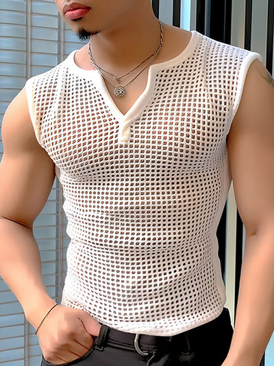 LinkMejor Mens Tank Top Fashion V-neck Hollow Out Mesh Fabric Men Tops Clothing
