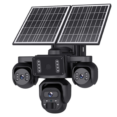 9MP Solar Security Camera Outdoor Wireless Triple Lens AOV PIR PTZ 4G LTE Color Night Vision Two Way Audio IP66 Waterproof Dual Solar Panel Smart Home CCTV Camera