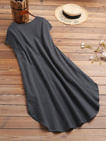 LinkMejor Plus Size Women Mid Long Dress Solid Pocket Short Sleeve Round Neck Cotton Casual Beach Midi Dress
