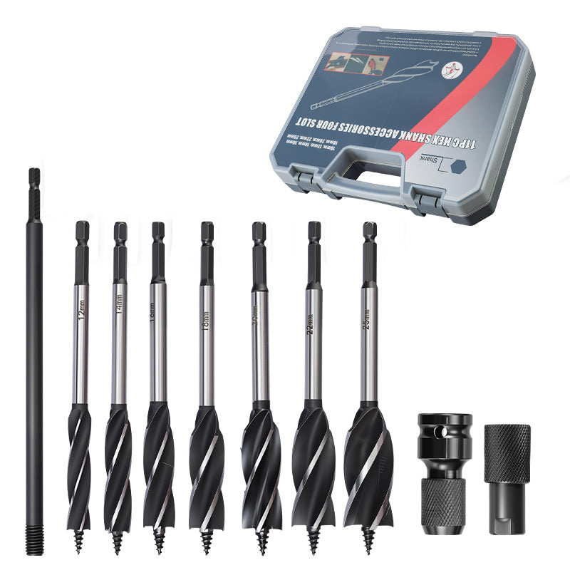 LinkMejor Hex Shank Wood Drill Bit Set 8 Pieces High Speed Steel Spiral Auger Drill Bits for Precise Woodworking Hole Enlarging with Extension Rod and Storage Case
