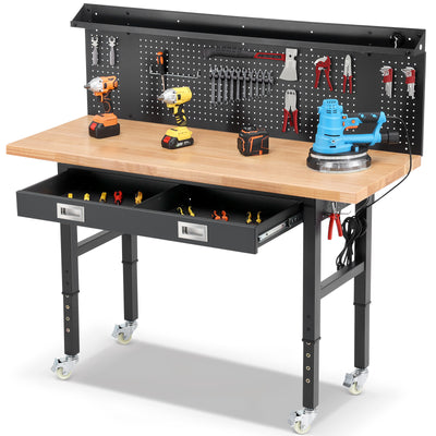 LinkMejor 60-Inch Adjustable Workbench With Pegboard Rubberwood Top LED Light Power Strip Drawer 2000 Lb Capacity Casters And Leveling Feet Garage Workshop Table