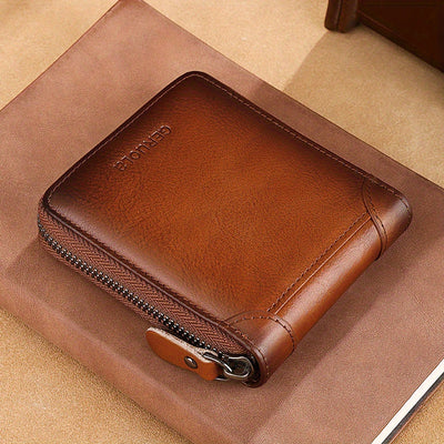 Ekphero Men's Genuine Leather Zipper Short Wallet, Vintage Money Clip, Multi-card Card Holder Pocket Coin Purse, Gift For Men