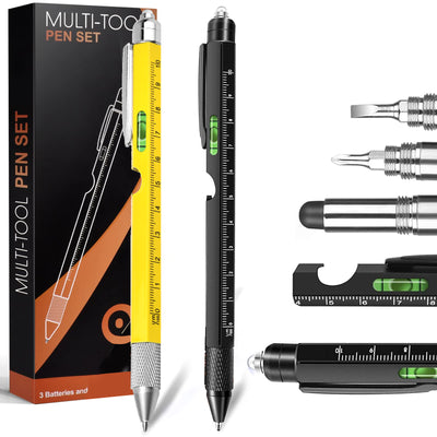 9-in-1 Multi-Tool Stylus Pen with LED Light Bottle Opener Phone Holder Ruler Flat and Phillips Screwdriver Heavy Duty Aluminum Ideal Gift Extra Ink Refills Black or Yellow