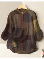 LinkMejor Plus Size Loose Fit Check Print Button Stand Collar 3/4 Sleeve Cotton Linen Women Blouse