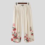 INCERUN Men Stylish Design Ankle Part Floral Print Wide Leg Pants with Pockers, Comfy Loose Botton Zipper Trousers 5XL for Spring Summer Fall