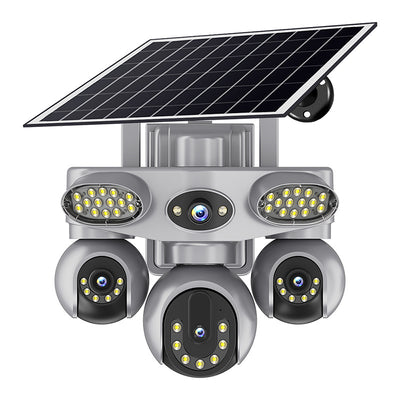 V380 8MP 4 Lens Solar Security Camera Wireless Outdoor PTZ Quad Screen Night Vision Motion Two Way Audio Weatherproof Battery Powered Home Surveillance System