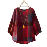 LinkMejor Women Retro Casual 3/4 Sleeve O Neck Shirt Top Plaid Loose Summer Ladylike Blouses