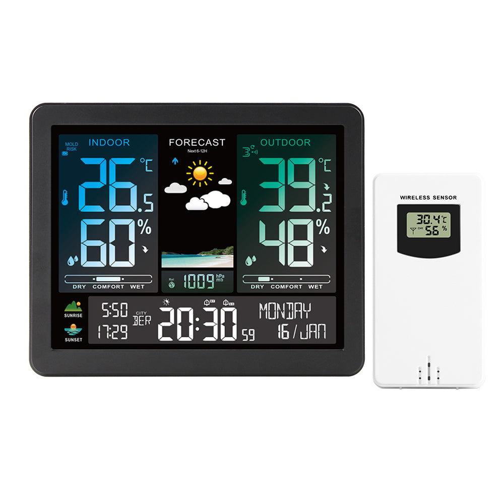LinkMejor Weather Station Alarm Clock Wireless Indoor Outdoor Thermometer with Atomic Clock Forecast Station with Calendar and Adjustable Backlight