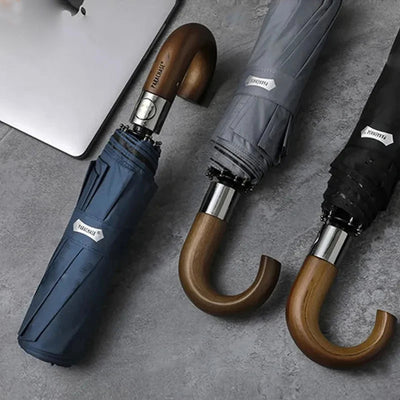 Automatic 10-Rib Wooden Curved Handle Automatic Umbrella 10K Automatic Folding Umbrella Rain Wind Resistant Umbrella Men Women UV Sun Protection Wooden Handle Umbrella
