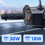 Motorcycle USB Charger 30W Type-C PD 18W USB-A Quick Charge 3.0 Waterproof IP65 Nylon Material Handlebar Mount DC 12V-24V