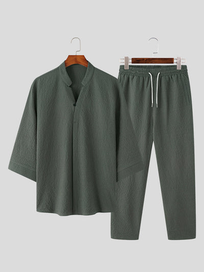INCERUN Mens Sets 3/4 Short Sleeve Shirt & Pants Two Pieces Set Loose Daily Men's Casual Suits