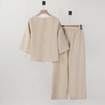 LinkMejor Women Vintage Crew Neck Long Sleeve Tops Elastic Waist Wide-Legged Pants Sets
