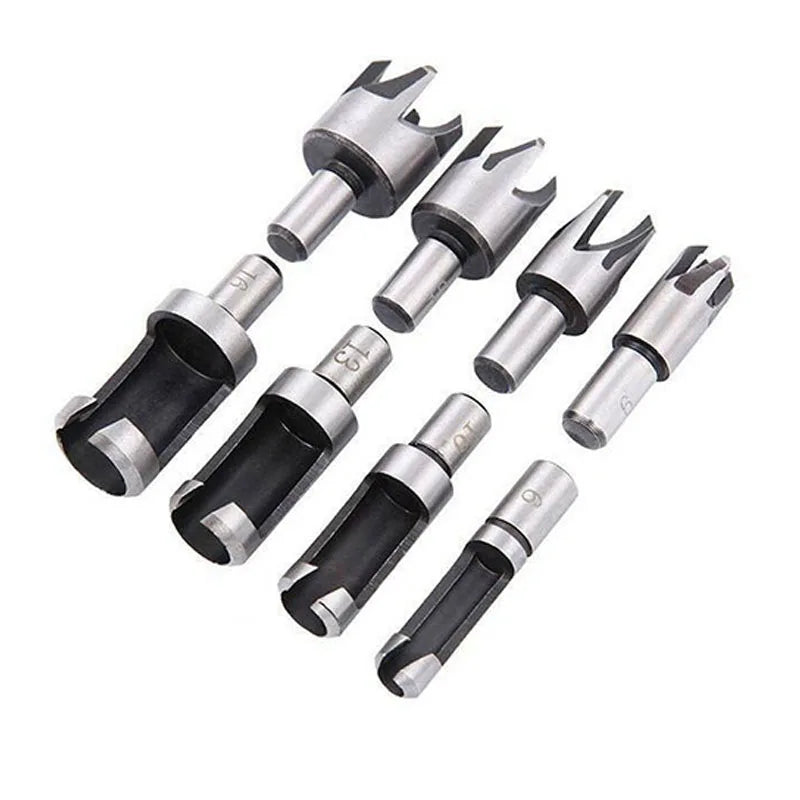8 Pcs Carbon Steel Wood Plug Cutter Set Woodworking Drill Bits Round Shank Straight and Tapered Taper Cutting Tool
