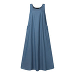 LinkMejor Women Fashion Denim Overalls Dress Summer Sleeveless Casual Loose Sundress Solid Color Maxi Dress With Pockets