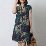 LinkMejor Women Bohemian Floral Printed V-Neck Cotton Dress Holiday Casual Short Sleeve Sundress