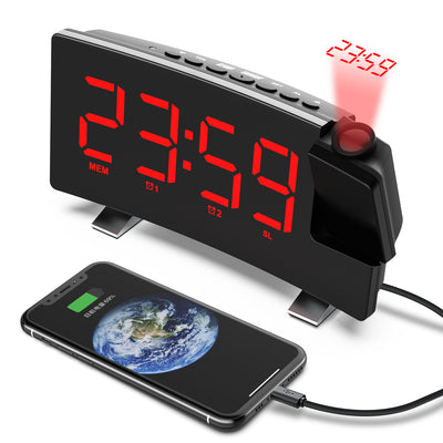 LinkMejor 8 Inch Projection Alarm Clock with 180° Rotatable Projector / FM Radio / Snooze / 3-Level Brightness Dimmer / Curved Clear LED Display / USB Charger For Bedroom Living Room