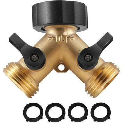 Solid Brass 2 Way Y Valve Garden Hose Connector Splitter Adapter 3x3x2 inches with Moderate Grip and Rubber Finish - Ball Valve Dual Ports