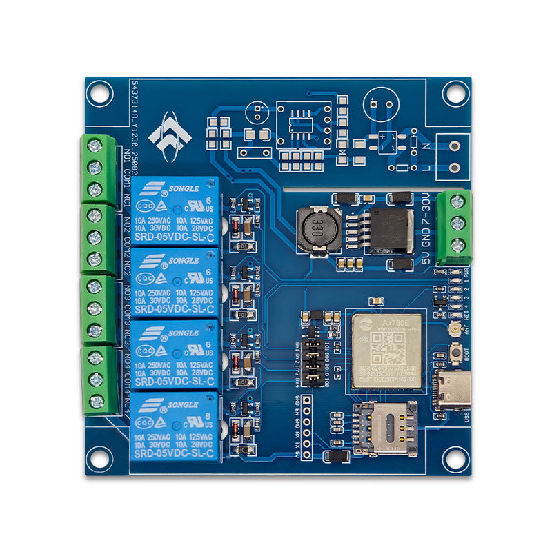 AIR780E 4G Full Netcom Four-Channel Relay Module LTE Cat.1 bis Communication Board Low Power Module Type-C DC7-24V GPIO Control Nano SIM Slot