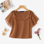 LinkMejor Women's Blouse Elegant Ruffle Sleeve Solid Crew Neck Plain Summer Shirt Pullover Top