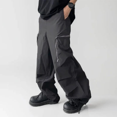 LinkMejor Mens Zipper Big Pocket Pleated Design Pant Wide Legged Trousers Casual Solid Color Elastic Waist Pant S-5XL