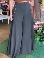 LinkMejor Plus Size Women Pants Solid Color Side Button Elastic Waist Loose Casual Wide Leg Pants With No Pocket
