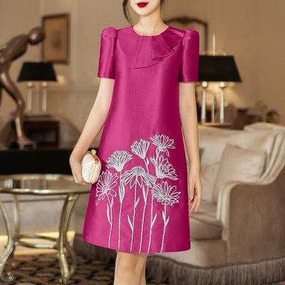 LinkMejor Womens Elegant Floral Embroidery Satin Dress Party Puff Sleeve Ruffles Knee Length Dresses