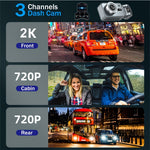 S2Q Dash Cam 3 Channel Front 2K Cabin 720P Rear 720P Wide Angle Lens Motion Detection G Sensor Loop Recording Night Vision Car Camera